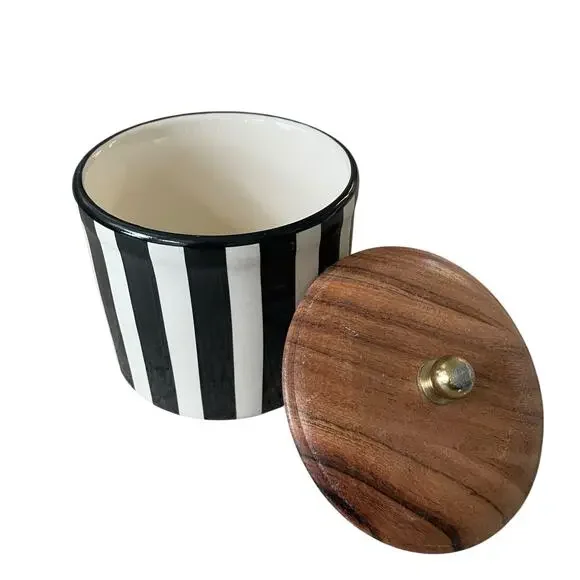 Hand Painted Striped Ceramic Canister w/ Wood Lid Made in India Black Cream NEW - Picture 6 of 15